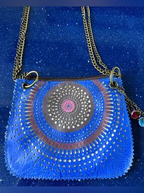 Desigual Blue Leather Circle Cutout Crossbody with Pink & Brown Accents